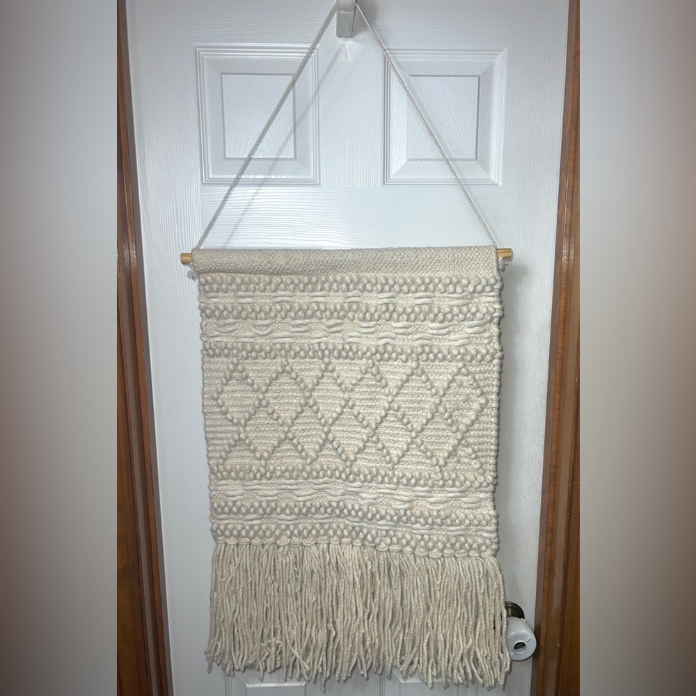Boho Wall Hanging Bohemian Wall Decor Woven Fringe Medium Size Beige 26”x18”